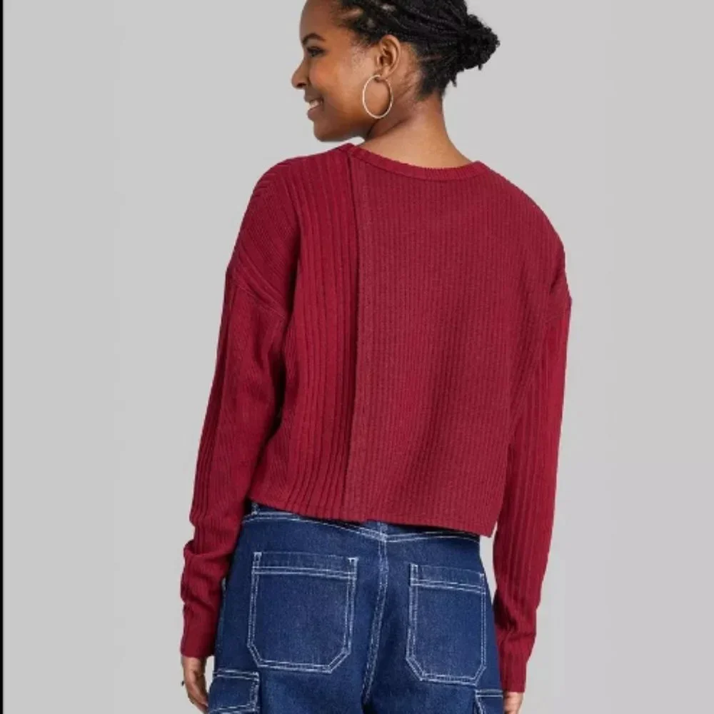 Wild Fable™ - Women's Long Sleeve Boxy Cropped T-Shirt Size XS Berry Red